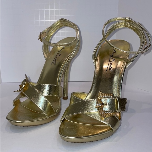 Anne Michelle Gold Heels with Stiletto Heels and Open Toe Design - Picture 8 of 12